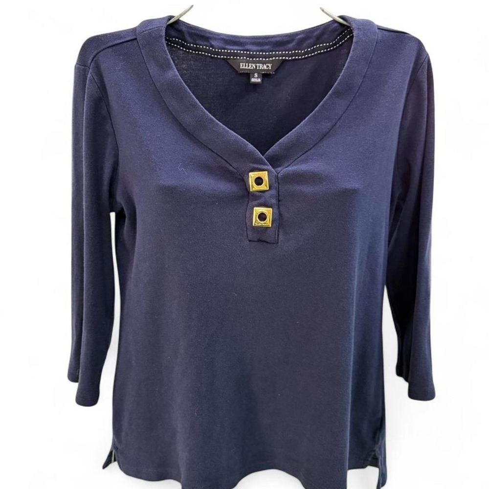 Ellen Tracy Womens Navy Blue Gold Button Split Neck 3/4 Sleeve Top Small